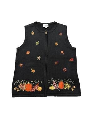 Vintage 90s Breckenridge Sweater Vest Black Halloween Pumpkin Fall Teacher PS